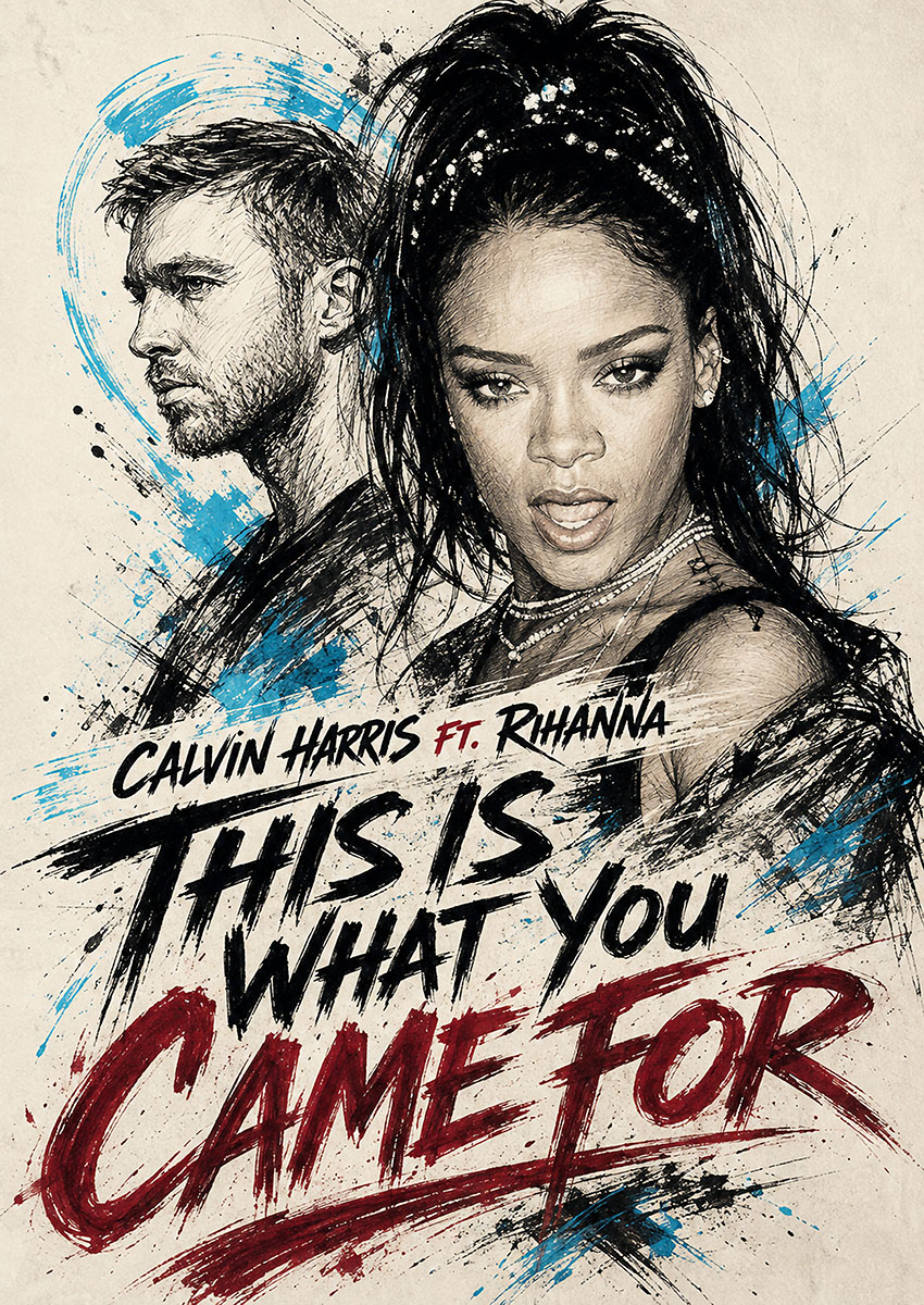 Detailed sketch style artwork featuring Calvin Harris and Rihanna for the track This Is What You Came For